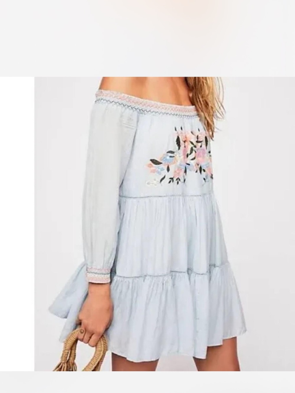 FREE PEOPLE Sunbeam Mini Dress Blue Embroidery Smocked Off Shoulder